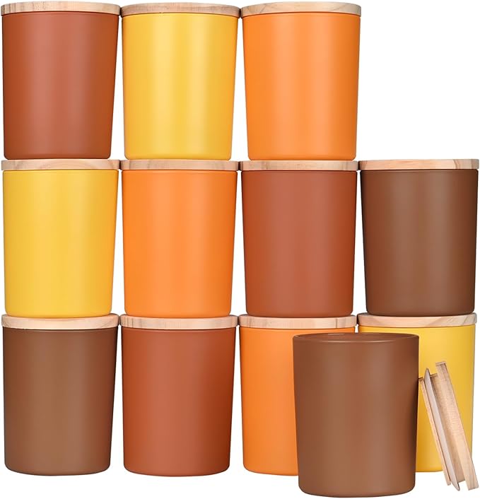SHOWIN Thick Candle Jars for Making Candles 12 Pcs, 7 OZ Empty Jars with Wood Lids for Candle Making, Sample Container, Fall
