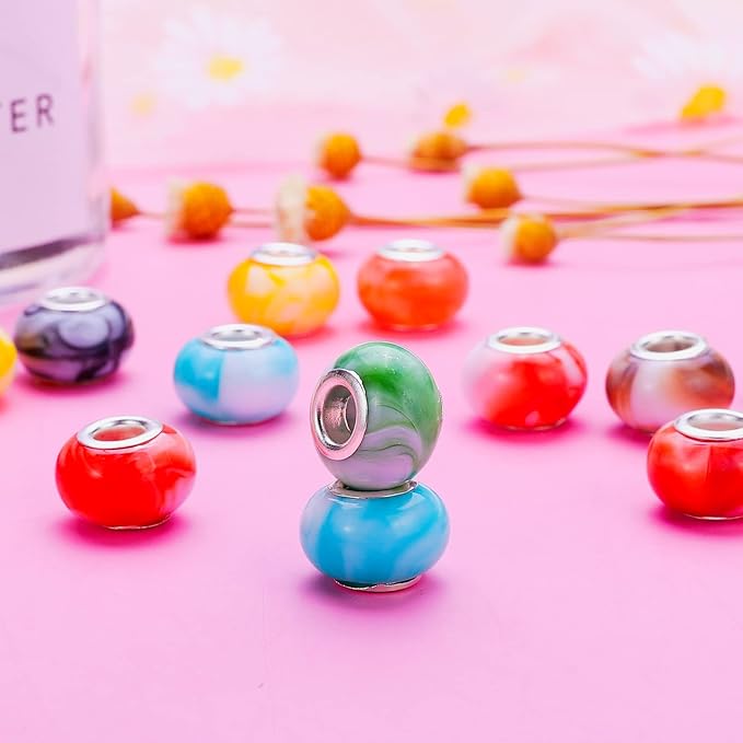 100 Pieces 14mm European Large Hole Spacer Beads Mix Color with Silver Brass Cores Assortments Charm Lampwork Beads Supplies for Necklace Bracelets Jewelry Making (Ｎew Ｍarble)