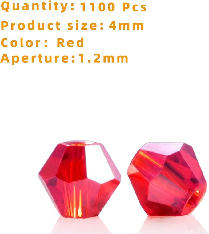 1100pcs Red 4mm Bicone Crystal Beads for Jewelry Making – Faceted Glass Beads for DIY Bracelets, Necklaces, Earrings, Suncatchers, Crafts, and Loc Sprinkles