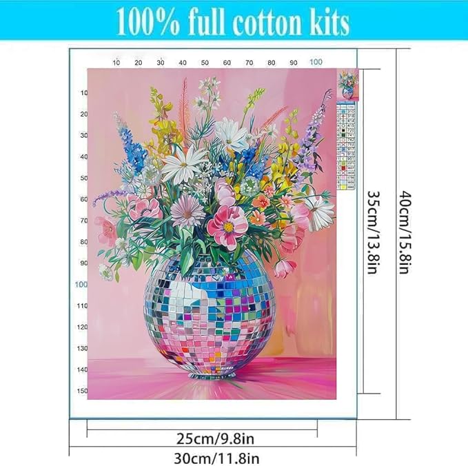 Lzyueyuan Flowers Stamped Cross Stitch Kits for Adults Beginner, Disco Ball Cross Stitch Ornament Kits Counted Embroidery Needlepoint Kits Home Decor 11.8X15.7inch