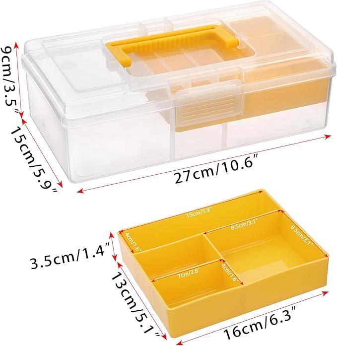 JUXYES Plastic Carry Storage Box with Removable Dividers, Clear Art Craft Supply Storage Bin Sewing Box With Handle Lid, 2 Layers Stationery Storage Case for School/Office Supplies