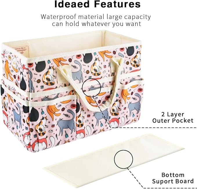 E-WEICHEN Craft Organizer Tote Bag Art Storage Caddy with Multiple Pockets Containers for Art,Craft,and Office Supplies Storage.Pink Cat