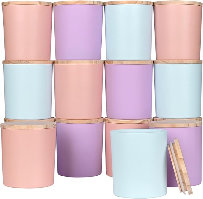 SHOWIN 10 OZ Thick Candle Jars for Making Candles 15 Pcs, Empty Jars with Wood Lids for Candle Making, Sample Container, Colourful
