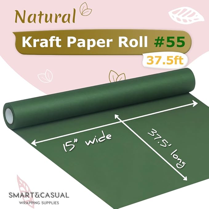 SMART&CASUAL 15" x 450" (37.5') Kraft Paper Roll for Art Craft Supplies Gift Wrapping Moving Packing Kids Painting Drawing Paint Easel Poster Chart Paper (Dark Green, 15" W x 450" L (37.5'))