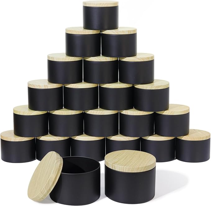 Aroparc Candle Tins 8oz with Lids, 24 Pack Seamless Candle Containers for Candle Making Supplies Empty Candle Jars - Wood Grain Lids Black Tins