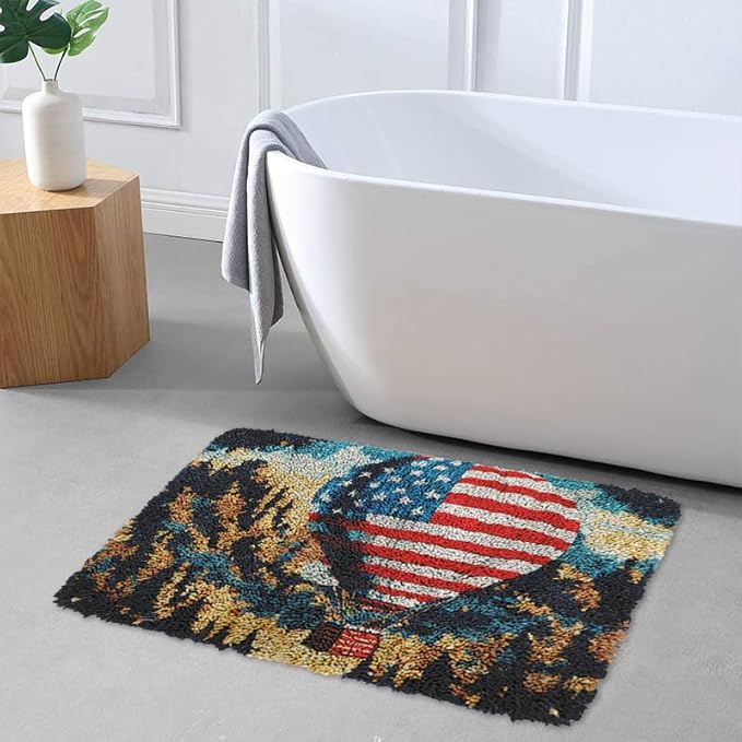 Latch Hook Kits for Kids DIY Rug Crochet Yarn Kits for Adults Tapestry Kits Home Decor Kits with America Flag Printed Needlework Doormat Creative Gift Home Decoration 20 X 15 Inch (Hot Air Balloon)