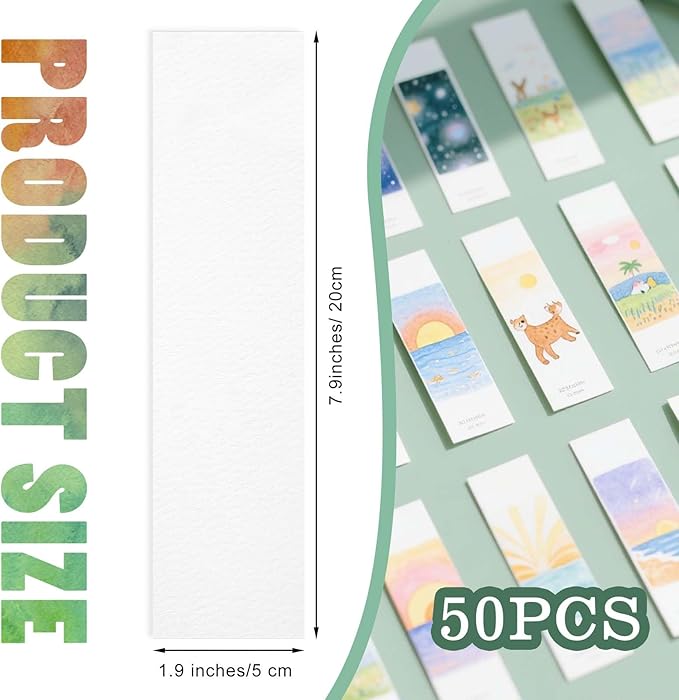 50 PCS Watercolor Paper Blank Bookmarks 1.9" x 7.8", 100% Cotton 140lb/300gsm Watercolor Paper Cards for DIY Classroom and Gifts Tags