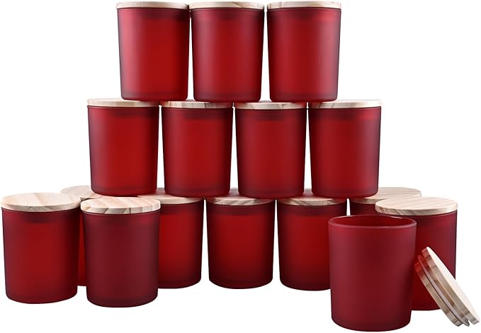 Thick Candle Jars for Making Candles 16 Pcs, 7 OZ Empty Jars with Wood Lids for Candle Making, Sample Container, Frosted Red