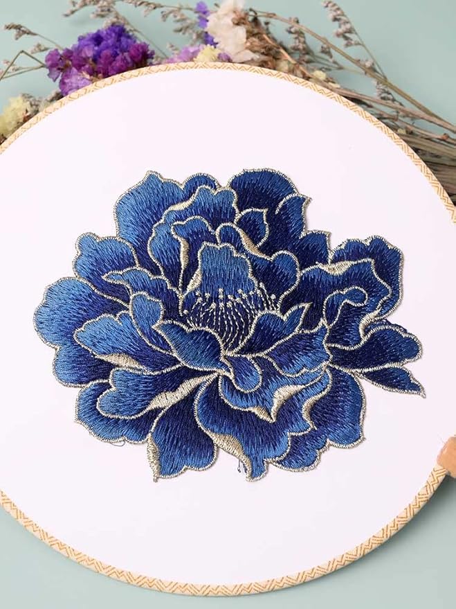 Sew on Peony Floral Patches, Embroidered Flower Appliques for DIY Clothing, Jackets, Jeans, Backpacks, Hats, Arts Craft Sew Making (Dark Blue Peony)