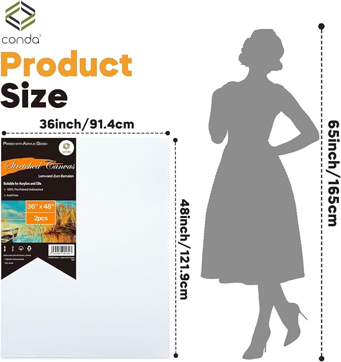 CONDA Large Canvas for Painting 36x48 Inch 2-Pack, Big Stretched Canvas 100% Cotton, Primed Acid-Free, Artist Canvas for Acrylics Oils Pouring Painting