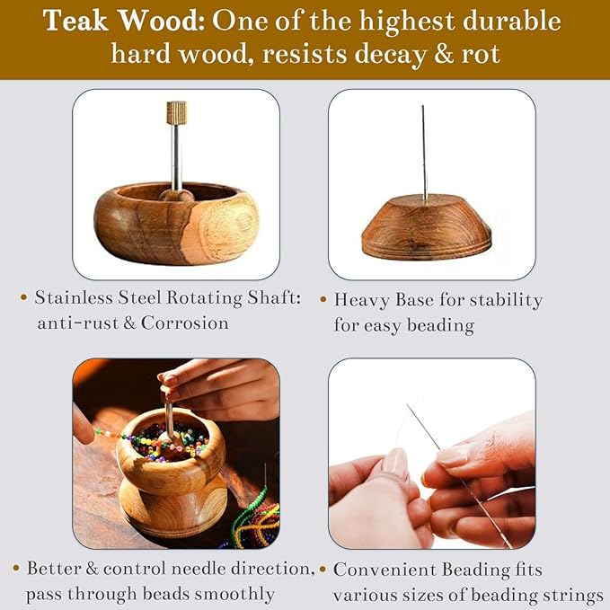 SHOP LC DELIVERING JOY Seed Bead Spinner for Bracelet Making Kit - Clay Beads Spinner with Big Eye Beading Needle and 3 Meter Long Thread Wooden Crafting Birthday Gifts for Womens - Teak Wood