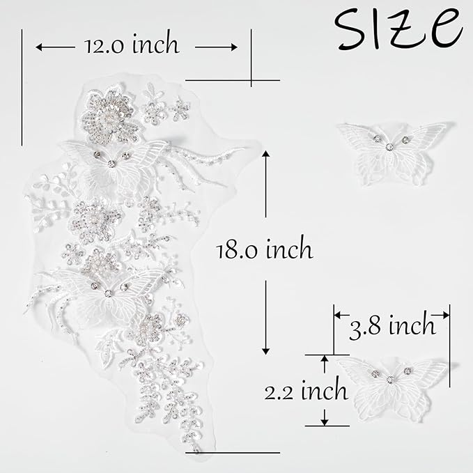 Flower Pearl Fabric Rhinestones Beaded Lace Applique,3D Butterfly Embroidered Lace Patch for Clothes,Dress (White)