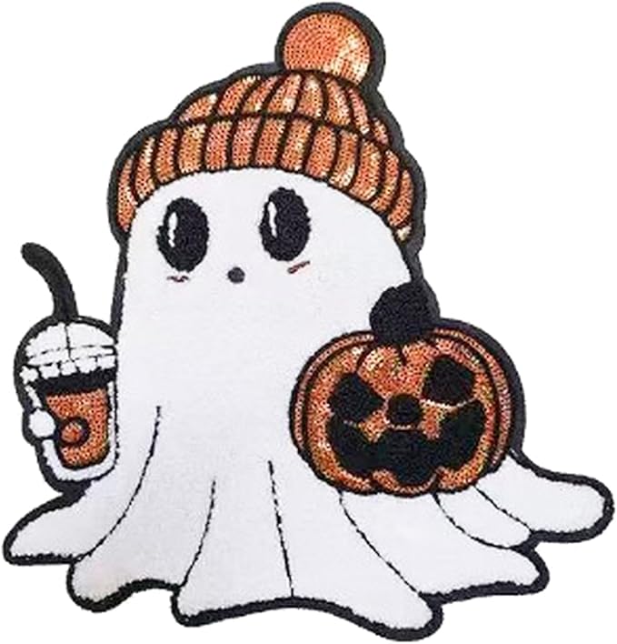 Halloween Ghost Iron on Patches Pumpkin Chenille Embroidery Sew on Stickers Applique for DIY Crafts T Shirt Clothing Jackets Backpacks Jeans Party Decorations Accessories