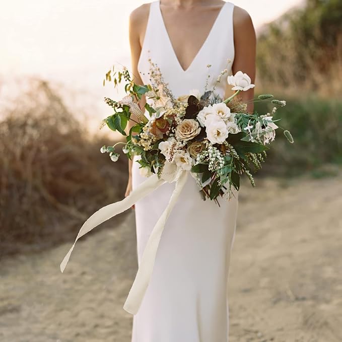 3 Rolls Cream White Handmade Fringe Chiffon Ribbon 1.5" x 7Yd Silk-Like Colorful Rustic Ribbon for Bouquets Wrapping Decor Wedding Invitation Accessories