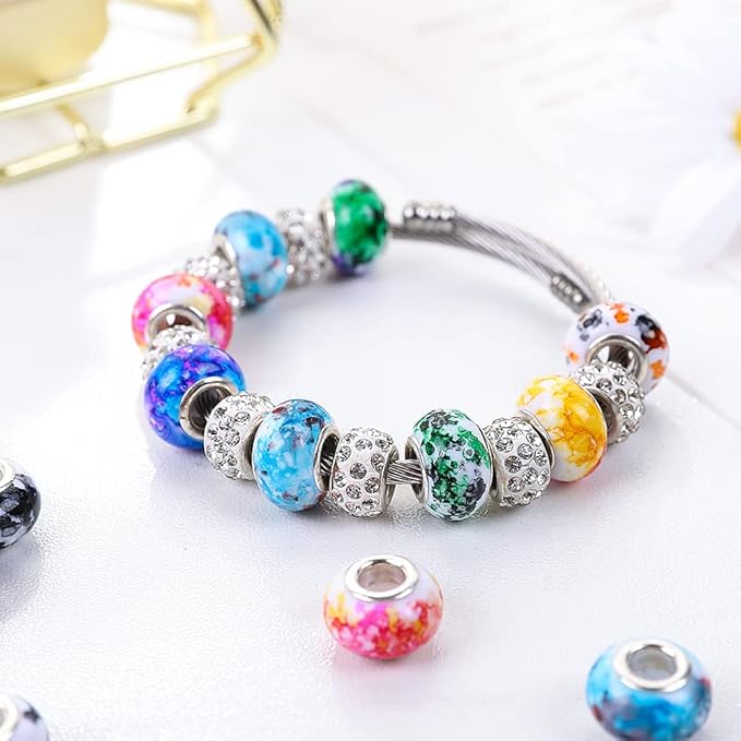 100 Pieces 14mm European Large Hole Spacer Beads Mix Color with Silver Brass Cores Assortments Charm Lampwork Beads Supplies for Necklace Bracelets Jewelry Making (Water Pattern)