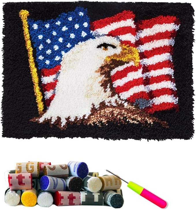 DL-YTG Latch Hook Kits Rug American Flag Crochet Yarn Cushion Colour Pre-Printed Canvas Cover Rug Needlework DIY Hook and Latch Kit Christmas Home Decoration 52x38cm/20 X15inch