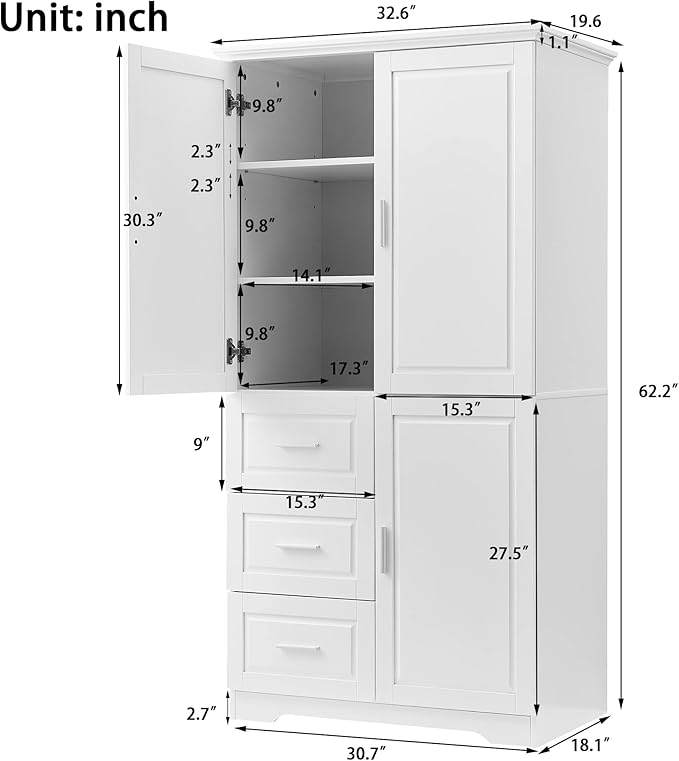 Large Storage Cabinet with 3 Doors and 3 Drawers, Freestanding Cabinet with Adjustable Shelves, Tall Modern Versatile Cupboard for Home Office Livingroom (White)