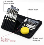 Transon Art Paint Brush Kit 16 Paint Brushes with Foam Brush Sponge Spatula and Art Case for Oil, Acrylic, Watercolor, Gouache, Painting