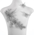 Flower Pearl Fabric Rhinestones Beaded Lace Applique,3D Butterfly Embroidered Lace Patch for Clothes,Dress (Gray)