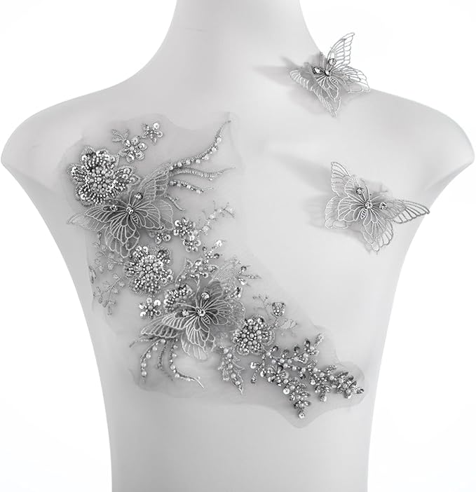 Flower Pearl Fabric Rhinestones Beaded Lace Applique,3D Butterfly Embroidered Lace Patch for Clothes,Dress (Gray)
