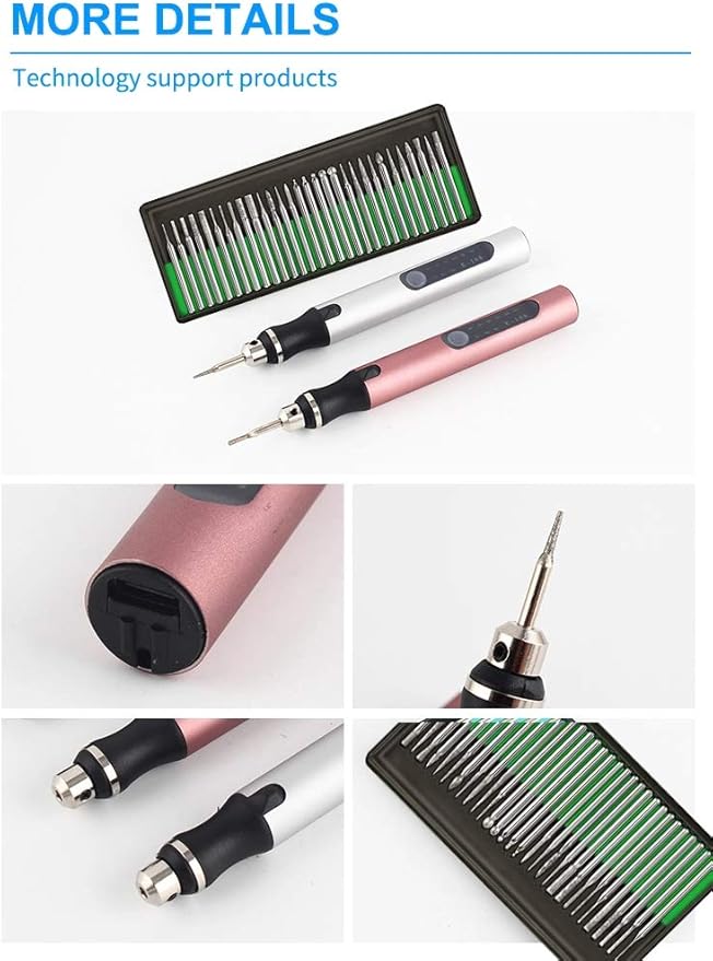 Rechargeable cordless Electric Micro Engraver Pen Mini DIY Engraving Tool Kit for Metal Glass Ceramic Plastic Wood Jewelry with 30 Bits and 16 Stencils and 1 Scriber Pen (Rose gold)