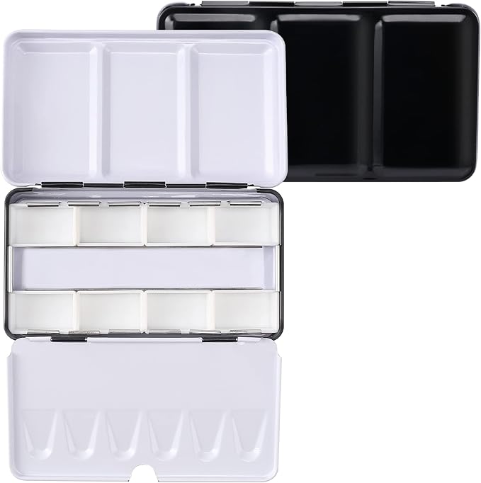 LOONENG Metal Watercolor Tin with Fold-Out Palette, Small Tray Palette with 8 Empty Full Pans for Plein Air, Acrylic and Oil Painting