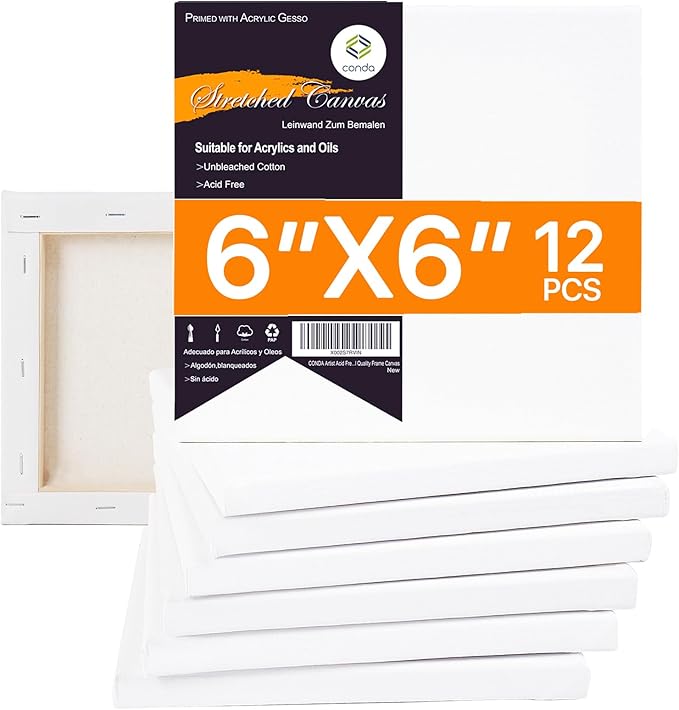 CONDA 6x6 inch Stretched Canvas for Painting, Pack of 12, 100% Cotton, 5/8 Inch Profile Value Bulk Pack for Acrylics, Oils Painting