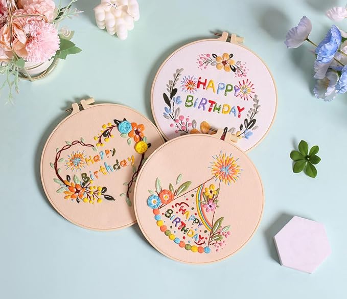 Konrisa 3 Pcs Happy Birthday Embroidery Kits, Handmade DIY Sewing Needlepoint for Beginners, Cross Stitch Kit with Birthday Hat Wreath Pattern, Gifts for Mother's Day Birthday Party Decoration