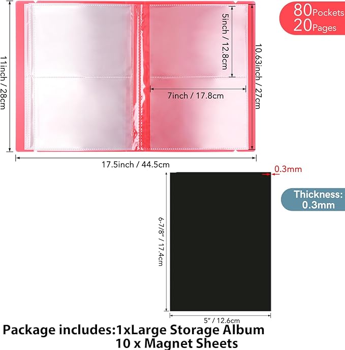 10 Pcs 0.3mm Magnet Sheets and 80 pockets/20 pages Storage Album for Stamp and Cutting Dies Storage Book Organizer Folder for Storage Die Cutting, DIY Scrapbooking Card Making Supplies (Red)