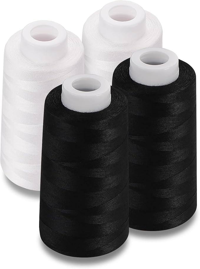 Serger Thread 4 Cones 3000 Yards Each Spool All Purpose Polyester Thread 40S/2 for Sewing, Serger, Overlock, Quilting, Piecing - Black+White