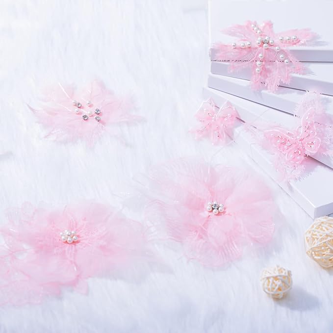 6 Pieces 3D Flower Lace Embroidery Butterflies Appliques Pearl Patches for Repairing and Decorating, Sewing Craft Clothing Jeans Jackets Bags (Pink)