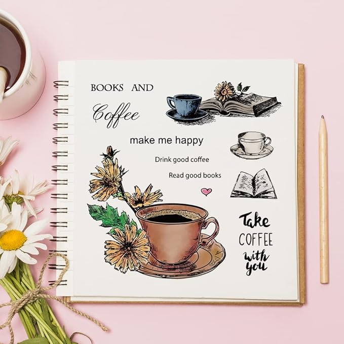 Flower Clear Stamps with Sentiment Words for Card Making and Photo Album Decorations, Coffee Heart Book Clear Rubber Stamps for Card Making Decoration and DIY Scrapbooking