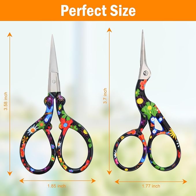 AQUEENLY Embroidery Scissors Vintage 2 Pcs Stainless Steel Stork Scissors Small Sewing Scissor Sharp 3.6 Inches Crochet Scissor for artwork, Threading, Needlework, Black Flower Style