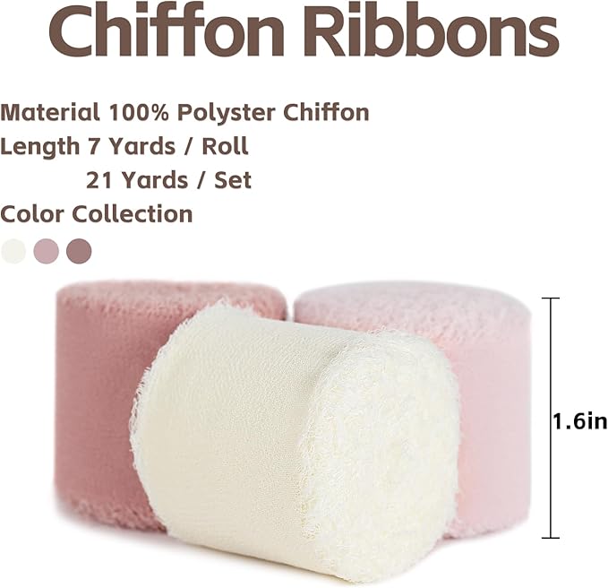 3 Rolls Cream Pink Handmade Fringe Chiffon Ribbon 1.5 Inch x 7 Yard Silk-Like Colorful Rustic Ribbon for Bouquets Wrapping Decor Wedding Invitation Accessories