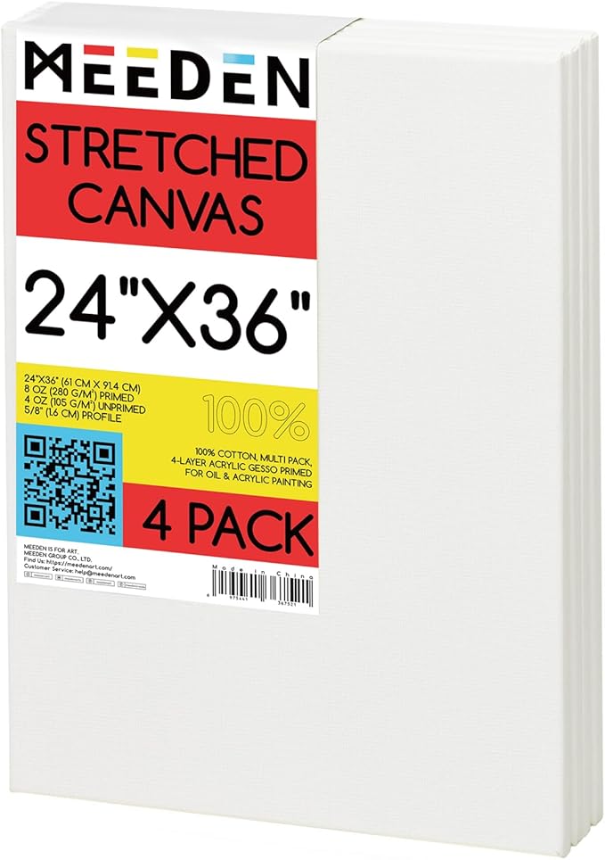MEEDEN Stretched Canvas, 24 × 36 Inch, Pack of 4, Blank White Canvases for Painting, 100% Cotton, 15 oz Gesso-Primed, Pre-Stretched Canvas for Acrylic Oil Pouring & Airbrushing Painting