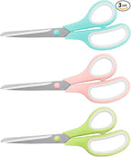 Scissors 8.5 Inch scissors all purpose Bulk Set of 3, Scissors for Office Home School Craft Supplies, Soft Comfort-Grip Right/Left Hand, Viridian, Vivid Green, Pink