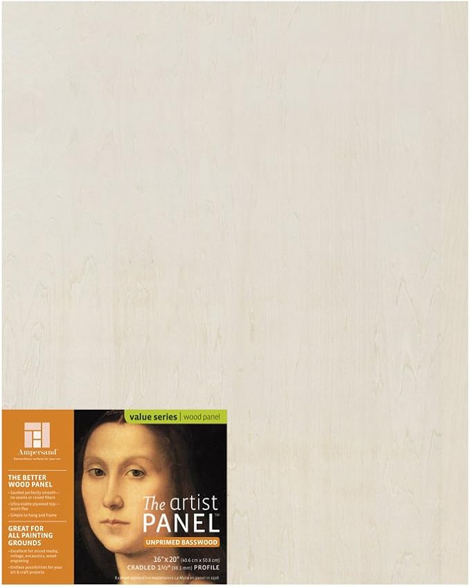Ampersand Art Supply Unprimed Basswood Artist Panel, 1-1/2" Cradled Profile, 16"x20"