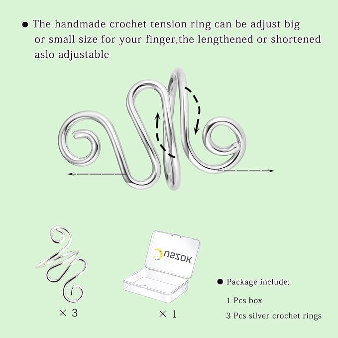 3Pcs Handmade Crochet Tension Ring, Adjustable Companion Knitting Ring with Box Gifts for Crocheters Women (Silver)