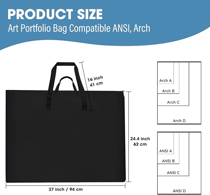 ZKOO Art Portfolio Bag, 24 x 36 Extra Large Light Weight Art Portfolio Case Shoulder Strap, Handle, Waterproof Nylon, Artwork Storage Box Ideal for Artwork, Canvas, Poster, Sketching, Drawing (Black)