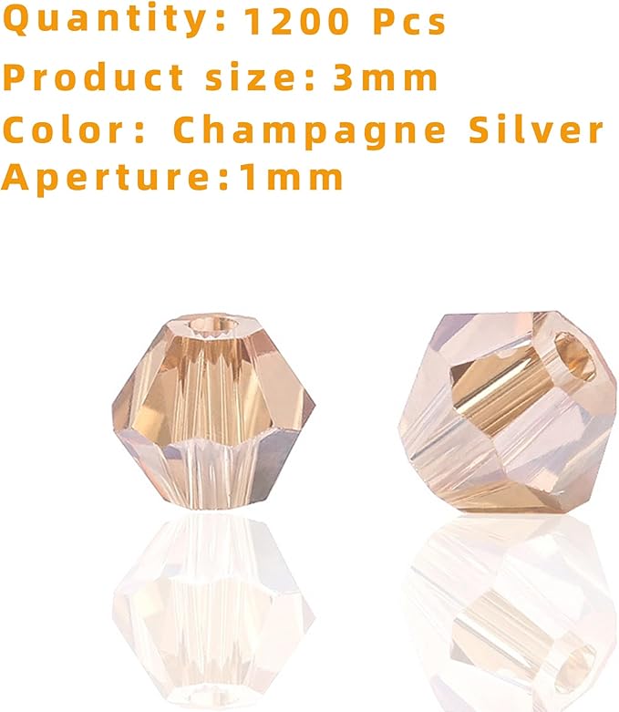 1200PCS 3mm Bicone Crystal Glass Beads for Jewelry Making, Sparkling Mini Beads for Suncatchers, DIY Bracelets & Craft Projects (Champagne Silver)