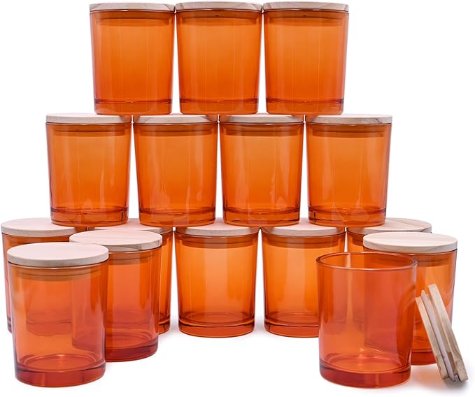 Thick Candle Jars for Making Candles 16 Pcs, 7 OZ Empty Jars with Wood Lids for Candle Making, Sample Container, Orange