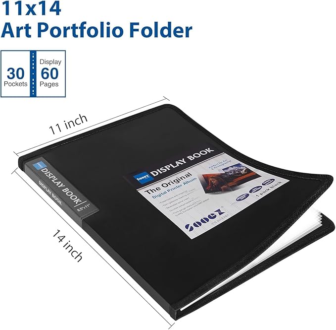Sooez Art Portfolios 11"x14", Large Portfolio Folder with 30 Pockets & Black Inner Sheets, Display 60 Pages, 11 x 14 Presentation Book for Artwork Storage, Binder with Plastic Sleeves for Artist