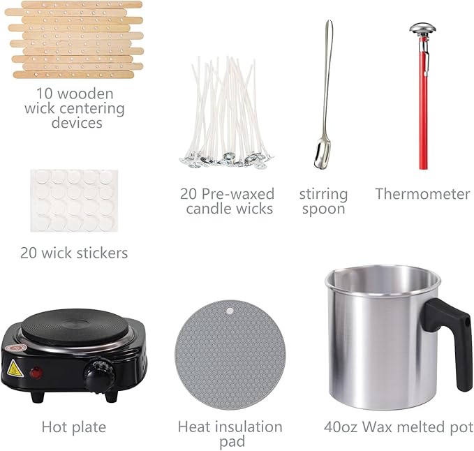 Aroparc Candle Making Kit with Wax Melter, 40 oz Double Boiler Wax Melting Pot, Thermometer, Wick Centering Device, Hot Plate and Supplies for Beginners