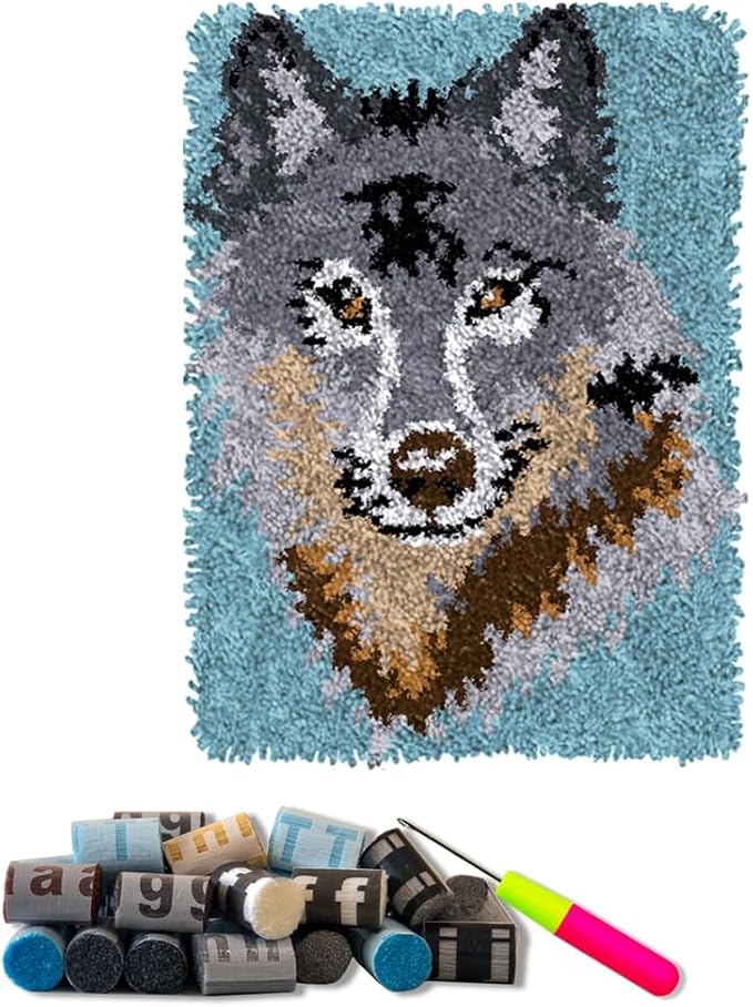 DL-YTG Latch Hook Kits Rug Wolf Crochet Yarn Cushion Colour Pre-Printed Canvas Cover Rug Needlework DIY Hook and Latch Kit Home Decoration 52x38cm/20 X15inch