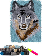DL-YTG Latch Hook Kits Rug Wolf Crochet Yarn Cushion Colour Pre-Printed Canvas Cover Rug Needlework DIY Hook and Latch Kit Home Decoration 52x38cm/20 X15inch
