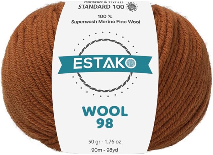 Estako Wool 98 100% Superwash Merino Wool Medium Worsted Weight Soft Knitting and Crochet Yarn 1.76 oz (50gr) 98 yds (90 m) (6369-Cinnamon)