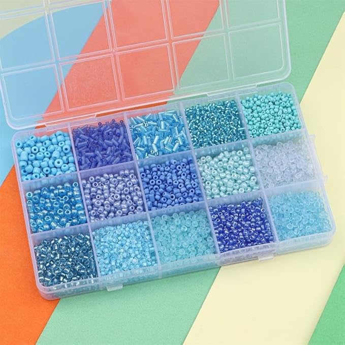 15 Color 4mm Small Assorted Glass Seed Beads,3mm Bugle Beads Friendship Bracelet Kit,2mm Tiny Tube Bead for Jewelry Making(Blue)
