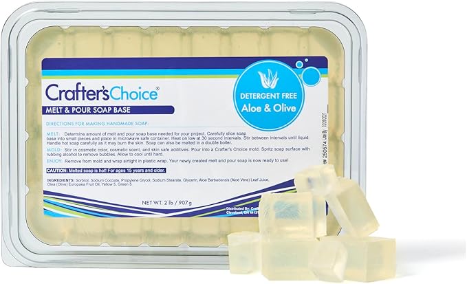 Crafter's Choice Detergent Free Melt and Pour Soap Base for Soap Making and DIY Crafting Projects, SLS/SLES Free, 2LB Block (Aloe Vera & Olive)