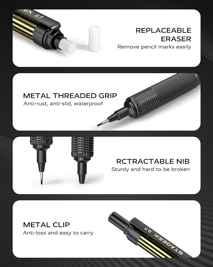 0.7mm Mechanical Pencil with Metal Gift Case, 1PCS Metal Mechanical Pencil with 120Pcs HB Lead Refills,4B Erasers and 9PCS Eraser Refills, for Writing Drafting Drawing and Sketching(Gold)