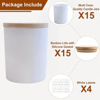 CONNOO 15 Pack Colorful Glass Candle Jars with Bamboo Lids for Making Candles, 7 oz Empty Candle Tins with Wooden Lids, Bulk Clean Candle Containers - Dishwasher Safe